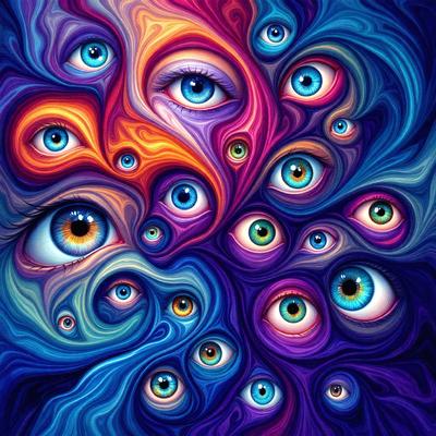 The primary subject of the image is a close-up of a person's face with many eyes. The setting is a colorful, abstract background that adds to the visual style. The image is a digital art or illustration, showcasing a unique and creative perspective on the human face. The dominant colors are a mix of purple, blue, and orange, creating a vibrant and lively atmosphere.